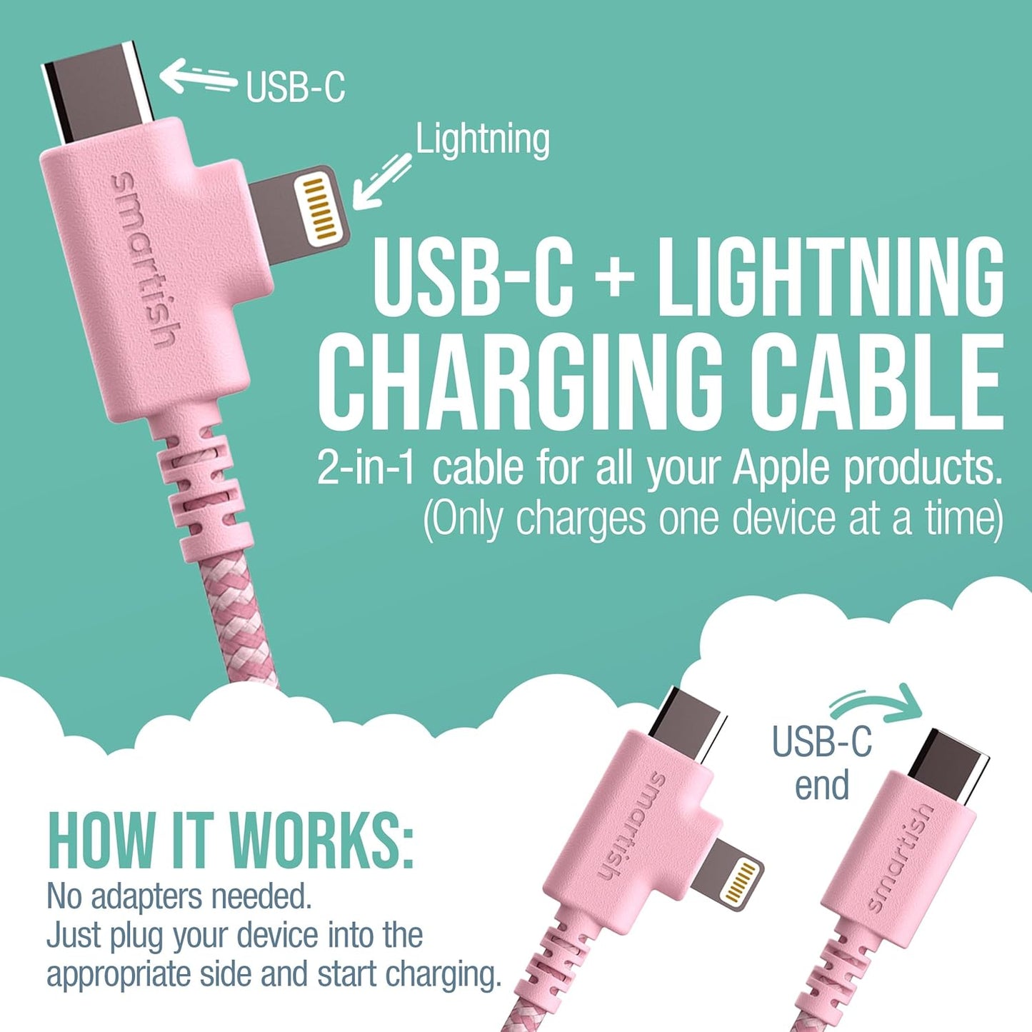 Smartish 2 in 1 USB C to USB C/Lightning Cable - Crown Joule - 6 Ft Fabric Wrapped Fast Charging Cord - for iPhone, Galaxy, Pixel - 100W Dual Fast Charger for Phones/Laptops - I'm Blushing