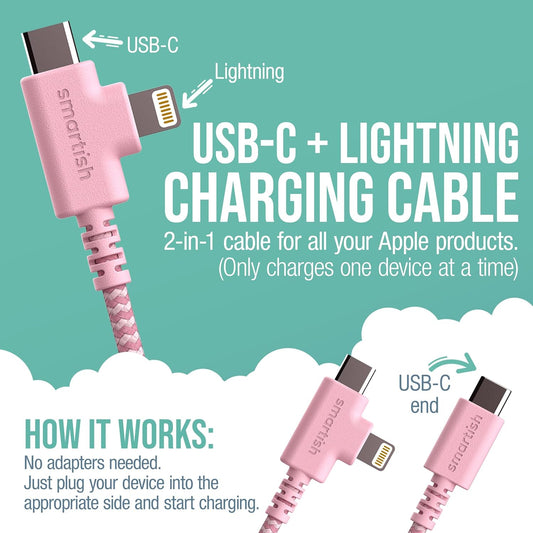 Smartish 2 in 1 USB C to USB C/Lightning Cable - Crown Joule - 6 Ft Fabric Wrapped Fast Charging Cord - for iPhone, Galaxy, Pixel - 100W Dual Fast Charger for Phones/Laptops - I'm Blushing