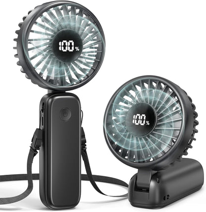 Portable Handheld Fan, 5000mAh Rechargeable Battery, Max 15H Cooling, 4 Speeds, LED Display, Foldable Design, 3-IN-1 Personal Pocket Fan with lanyard for Travel Outdoors Makeup Concert Commute