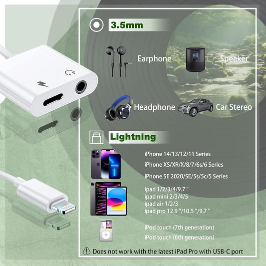 [Apple MFi Certified] 3 Pack Lightning to 3.5mm Headphone Jack Adapter, 2 in 1 Dongle Adapter Aux Audio + Charging Ports Splitter Compatible with iPhone 14/13/12/11/XS/XR/8/7 Support All iOS System