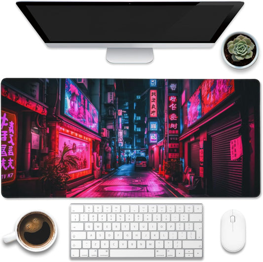 Desk Mat,Japanese Anime Neon Street Desk Pad,Anime City Large Gaming Mouse Pad for Desk,Extended Big Computer Keyboard Mouse Pad with Non-Slip Base and Stitched Edge,35.4"x15.7"