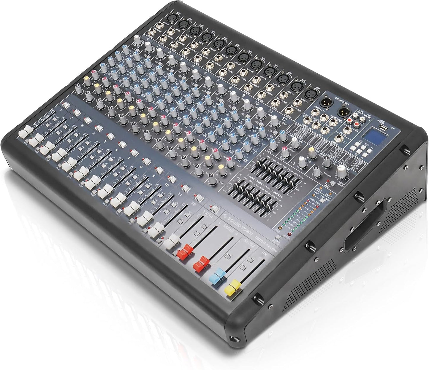 Sound Town 14-Channel 2x800W Powered Mixer w/ 2 Bus, DSP effects, USB, MP3, Dual 7-band EQ, Phantom Power (TRITON-142PW)