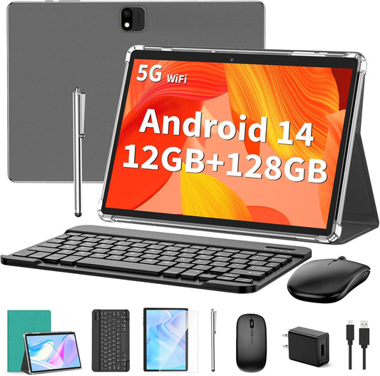 Android Tablet with Keyboard, Android 14 Tablet, 12(6+6) GB+128GB, 1TB Expand, 2 in 1, Mouse, Stylus, 8000mAh Battery, 2.4G/5G WiFi, GPS, Green Case