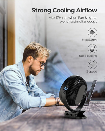 xasla 10000mAh Portable Clip On Fan With Light, 8 Inch Rechargeable Battery Operated Fan, 24H Long-last, Quiet Personal Camping Fan Digital Display, 3 Speed, 360° Rotate, for Gym Outdoor Travel