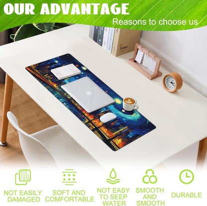 Desk Pad,City Starry Night Desk Mat,Abstract Oil Painting Large Gaming Mouse Pad for Desk,Extended Big Computer Keyboard Mouse Pad with Non-Slip Base and Stitched Edge,31.5"x11.8"