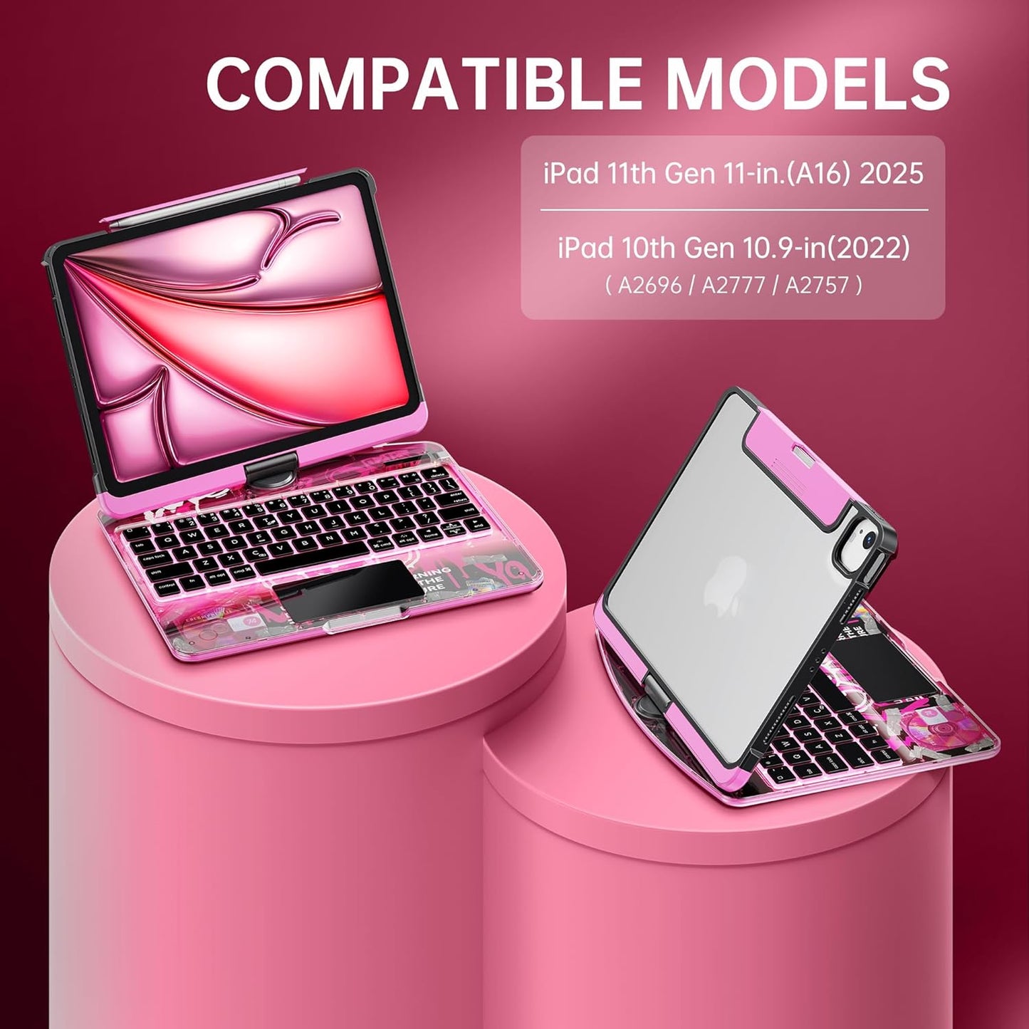 GUSGU Transparent Case with Wireless Keyboard for iPad 11th Gen 11-in.(A16, 2025), 2022 iPad 10th Gen 10.9-in, 7 Colors Backlight, Trackpad, 360°Rotating Stand, Tech Style