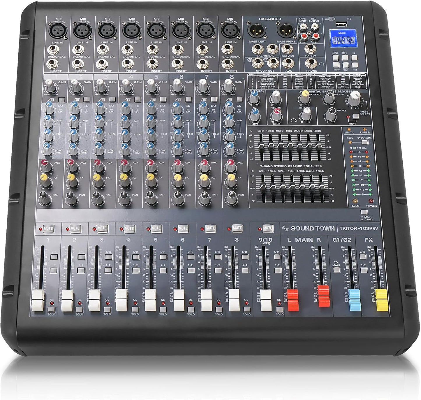 Sound Town 10-Channel 2x800W Powered Mixer w/ 2 Bus, DSP effects, USB, MP3, Dual 7-band EQ, Phantom Power (TRITON-102PW)