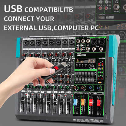 Depusheng PA8 Professional Audio Mixer Sound Board Console Desk System Interface 8 Channel Digital USB Bluetooth MP3 Computer Input 48V Phantom Power Built-in 256 Reverb Effect, Black