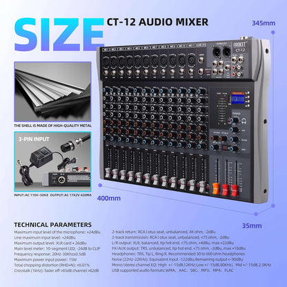 Pro DJ Mixer 12-Channel Audio Console - Bluetooth/USB Streaming, 48V Phantom Power, 3-Band EQ for Live Stage, Recording Studio & Karaoke Systems (CT-12)