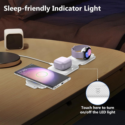 Travel Charger for Samsung Multi Devices, Foldable 3 in 1 Wireless Charging Station Fast Charging Stand/Pad Compatible for Samsung Galaxy S25/S24/S23/S22/S21/Note20 Galaxy Watch8/7/6/5/4/Galaxy Buds4