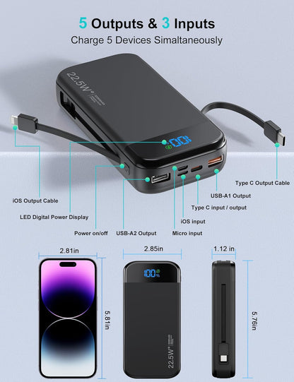 Portable Charger Power Bank 32000mAh with Built in Cables, PD3.0 USB C Fast Phone Charger, 5 Outputs LCD Display Travel Battery Pack Compatible with iPhone, Samsung All Cell Phones (Black)