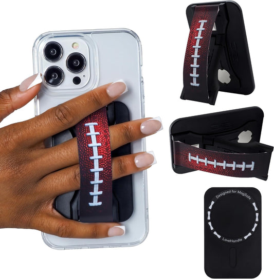LoveHandle PRO MagSafe Compatible Magnetic Phone Grip w/Kickstand - Mount, Strap and Stand for Smartphone and Tablet - MagSafe Ring Included - Fits All Devices - Football