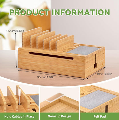 Pezin & Hulin Bamboo Charging Station, Electronic Devices Organizer for Multiple Devices Charger Such As Cell Phone, Tablet, Watch and More, Natural, (No USB Charger and Cables)