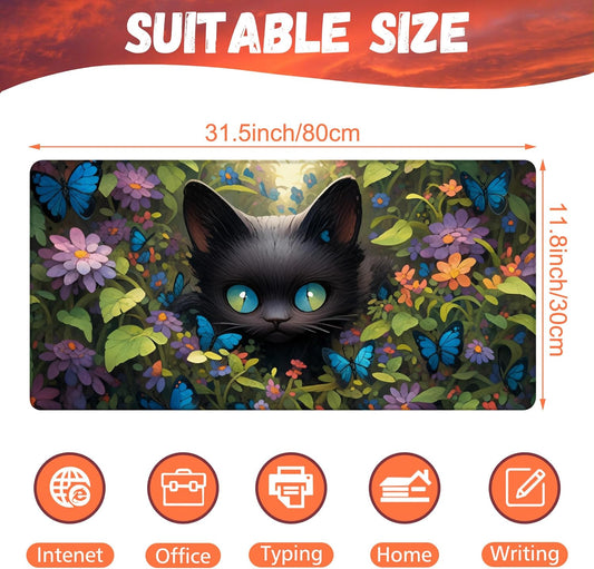 Desk Pad, Cute Black Cat Desk Mat, Cat Among Butterfly Flowers Large Gaming Mouse Pad for Desk, 31.5"x15.7" Extended Big Computer Keyboard Mouse Pad with Non-Slip Base and Stitched Edge