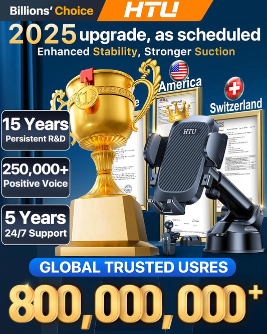 HTU [True Military-Grade] 2025 Upgraded Car Phone Holder 【Safety Certs & No Smell】 Cell Phone Holder for Car Mount for Dashboard Windshield Air Vent Long Arm Thick Case,Black