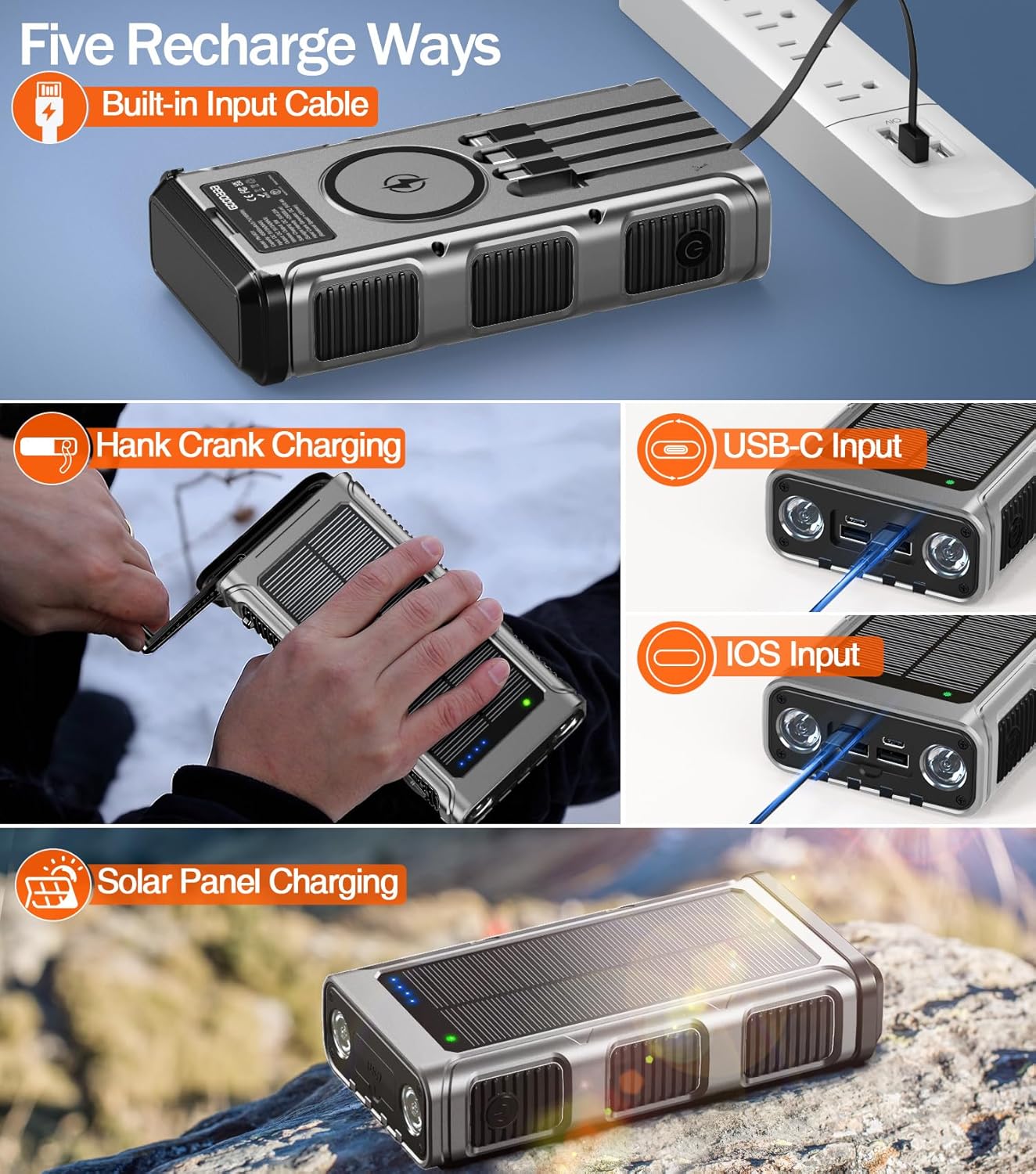 GOODaaa Power Bank Wireless Charger 45800mAh Built in Hand Crank and 4 Cables 15W Fast Charging Power Bank 7 Outputs & 4 Inputs Solar Portable Charger, SOS/Strobe/Strong Flashlights, Compass