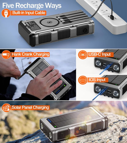 GOODaaa Power Bank Wireless Charger 45800mAh Built in Hand Crank and 4 Cables 15W Fast Charging Power Bank 7 Outputs & 4 Inputs Solar Portable Charger, SOS/Strobe/Strong Flashlights, Compass