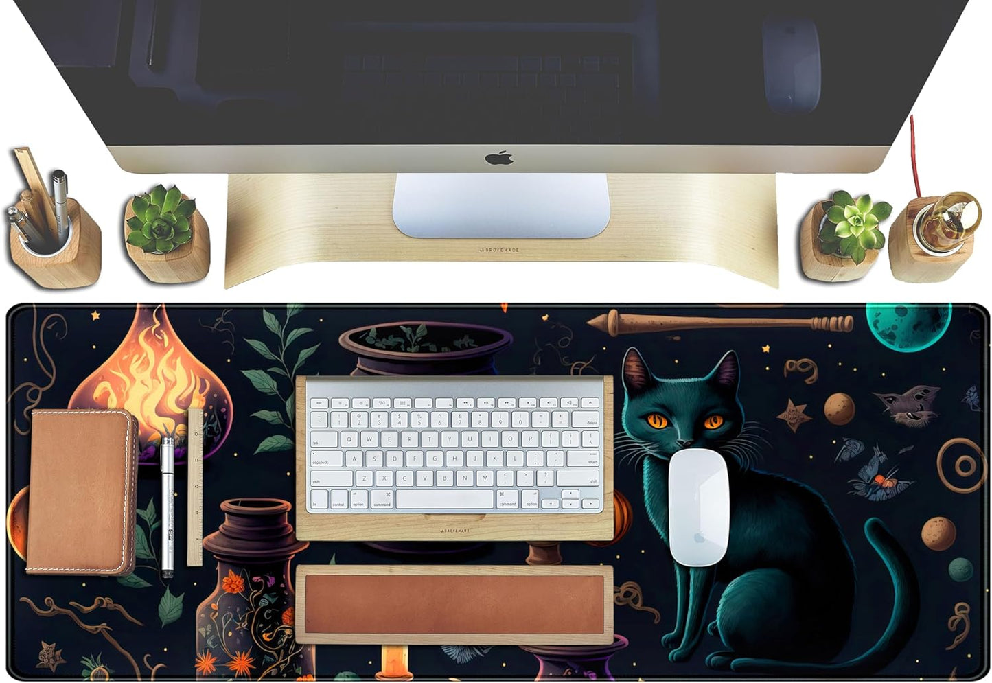 Anime Blue Cat Kawaii Cats Mouse Pad, XL Large Extended Gaming Desk Pad, Women Desk Decor Pad Computer Laptop Keyboard and Wireless Mouse Mat with Stitched Edges 31.5x11.8 in