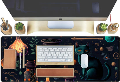 Anime Blue Cat Kawaii Cats Mouse Pad, XL Large Extended Gaming Desk Pad, Women Desk Decor Pad Computer Laptop Keyboard and Wireless Mouse Mat with Stitched Edges 31.5x11.8 in