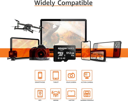 Amazon Basics Micro SDXC Memory Card with Full Size Adapter, A2, U3, Read Speed up to 100 MB/s, 512 GB, Black