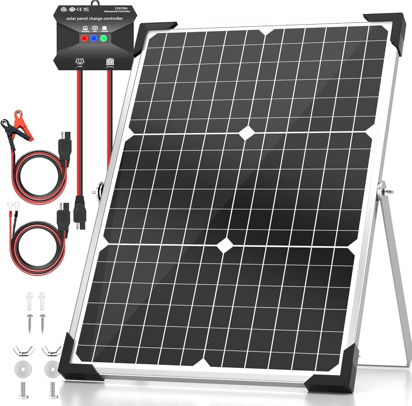 Solar Panel Kit 30W 12V, Solar Battery Trickle Charger Maintainer, Waterproof Solar Panel + Upgrade Charge Controller + Adjustable Mount Bracket for Boat RV Motorcycle Marine