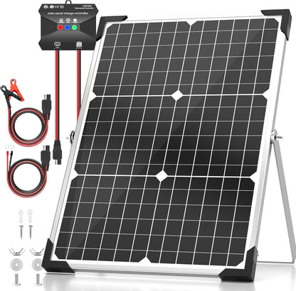 Solar Panel Kit 30W 12V, Solar Battery Trickle Charger Maintainer, Waterproof Solar Panel + Upgrade Charge Controller + Adjustable Mount Bracket for Boat RV Motorcycle Marine