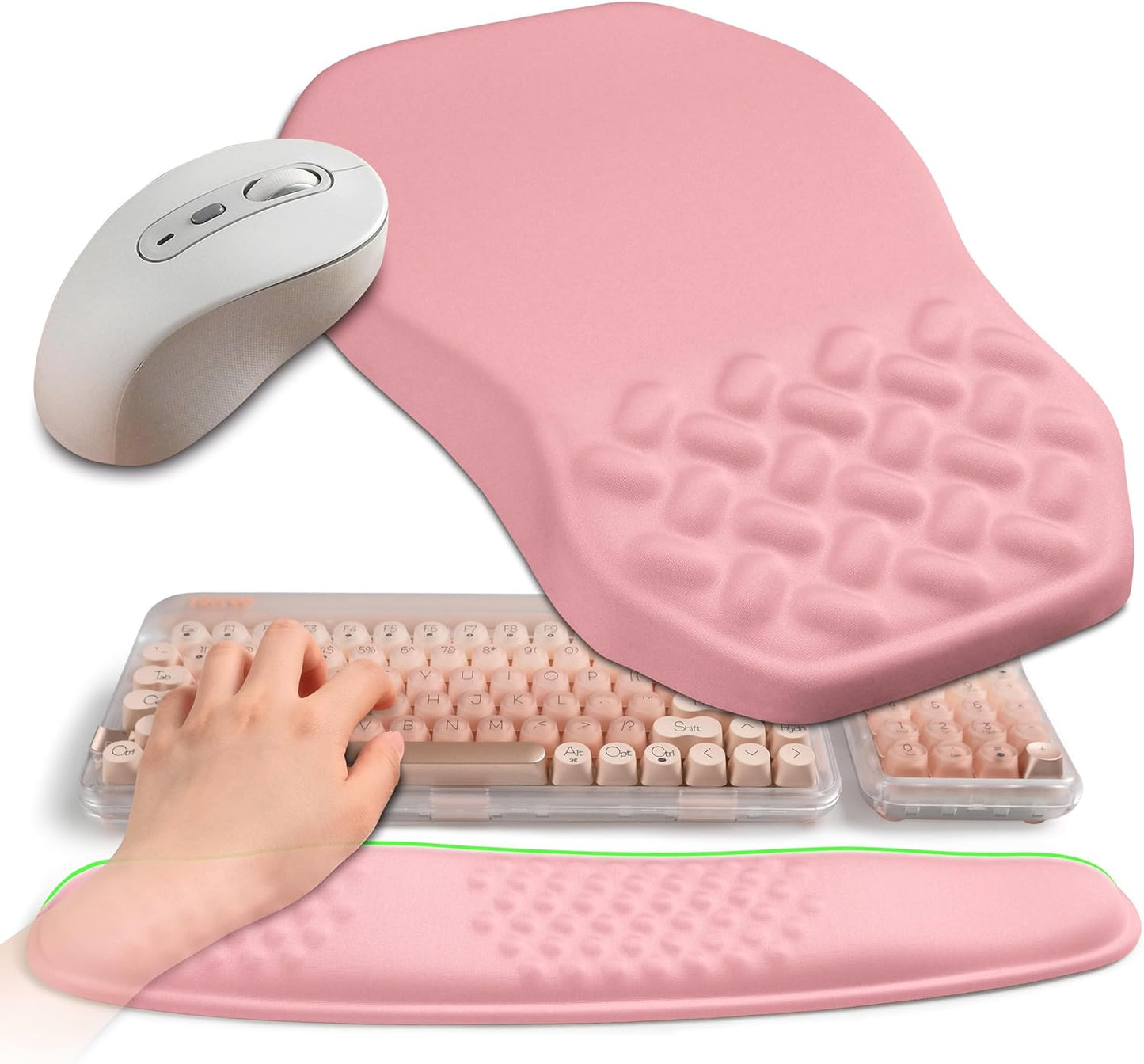 2-in-1 Ergonomic Set, Wave Keyboard Wrist Rest and Massage Slope Mouse Pad Wrist Support, Rebound Memory Foam for Relieve Carpal Tunnel Syndrome and Wrist Pain (Pink)