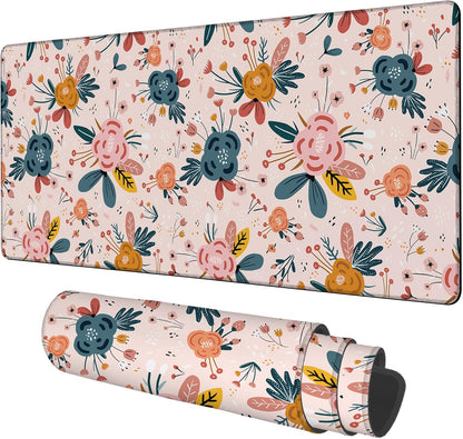 Gaming Desk Pad Large Extra Length Hand Drawn Floral Mouse Pad Keyboard Laptop Non-Slip Waterproof with Rubber Base Thick Stitched Edge Mouse Mat for Office Home 35.4 x 15.7 Inches