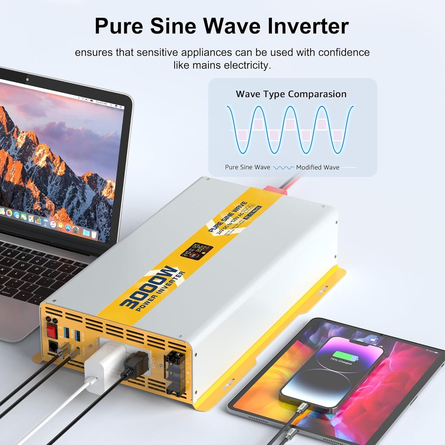 XWJNE 3000W Pure Sine Wave Power Inverter 24V DC to 120V GFCI AC Converter with LCD Display and Remote for Home, RV, Truck, Off-Grid Solar Power