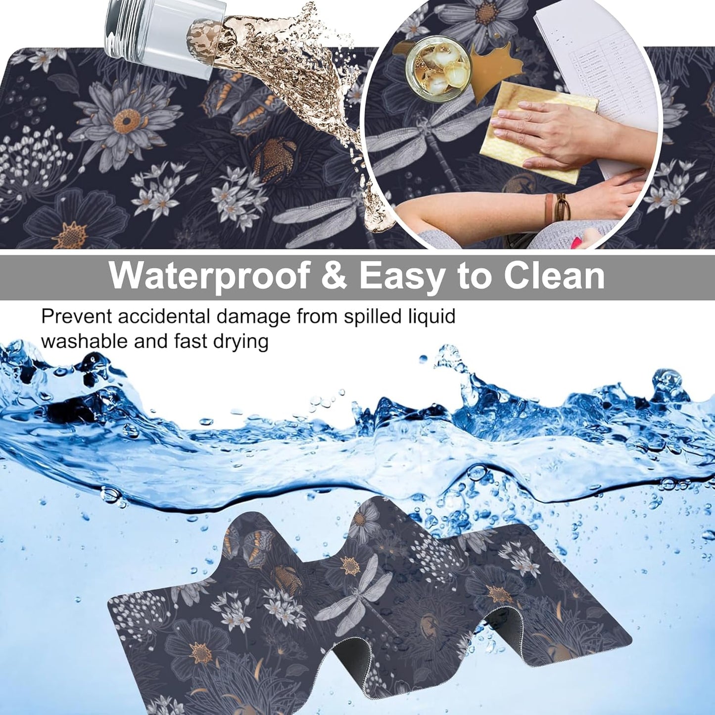 Wildflowers and Insects Desk Mat,Large Cute Flowers Butterflies and Dragonflies Gaming Keyboard Mouse Pad,Non-Slip Rubber Base Desk Pad Thick Stitched Edges Waterproof Mousepad Mouse Mat 31.5"x11.8"