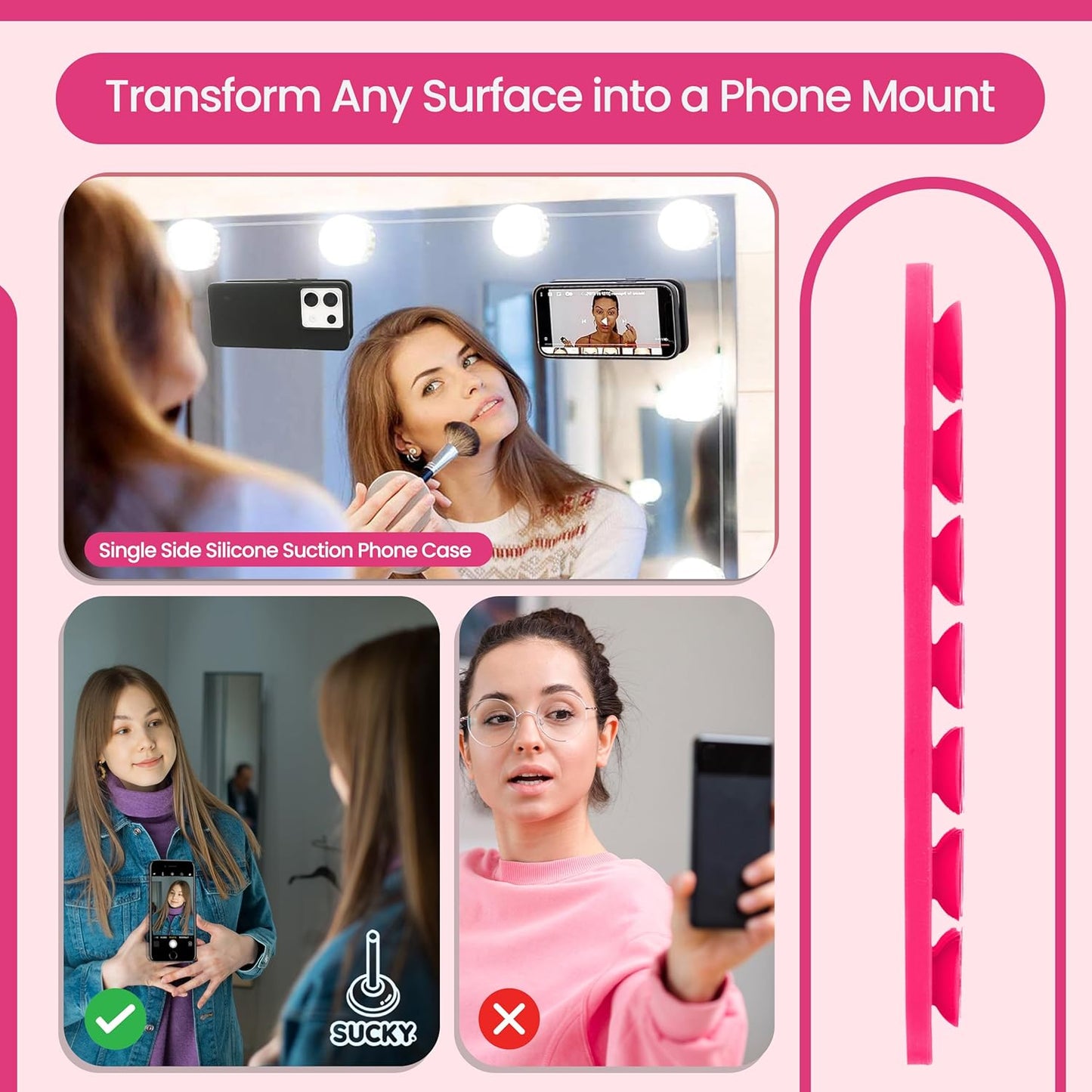 SUCKY Silicone Suction Phone Case Adhesive Octo Cup Buddy Mount - Anti-Slip Holder, Hands-Free Phone Accessory for iPhone & Android - Sticky Grip for Selfies, Videos - Hot Pink