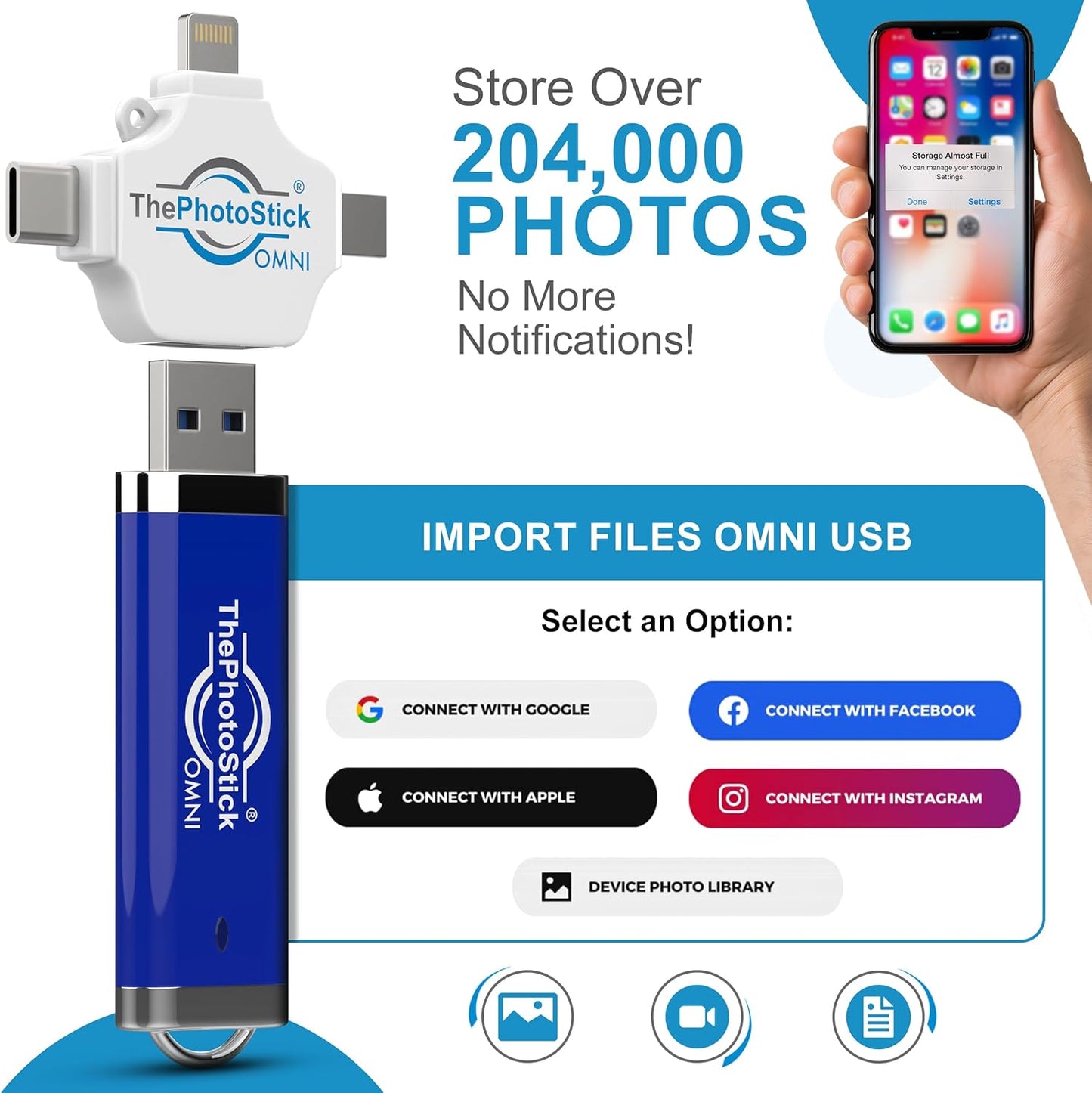 ThePhotoStick® Omni 256GB - Secure Photo & Video Backup and Transfer | Digital File Organization | USB & Multiport Connection for Phones, Tablets and Computers | Portable Memory | External Storage