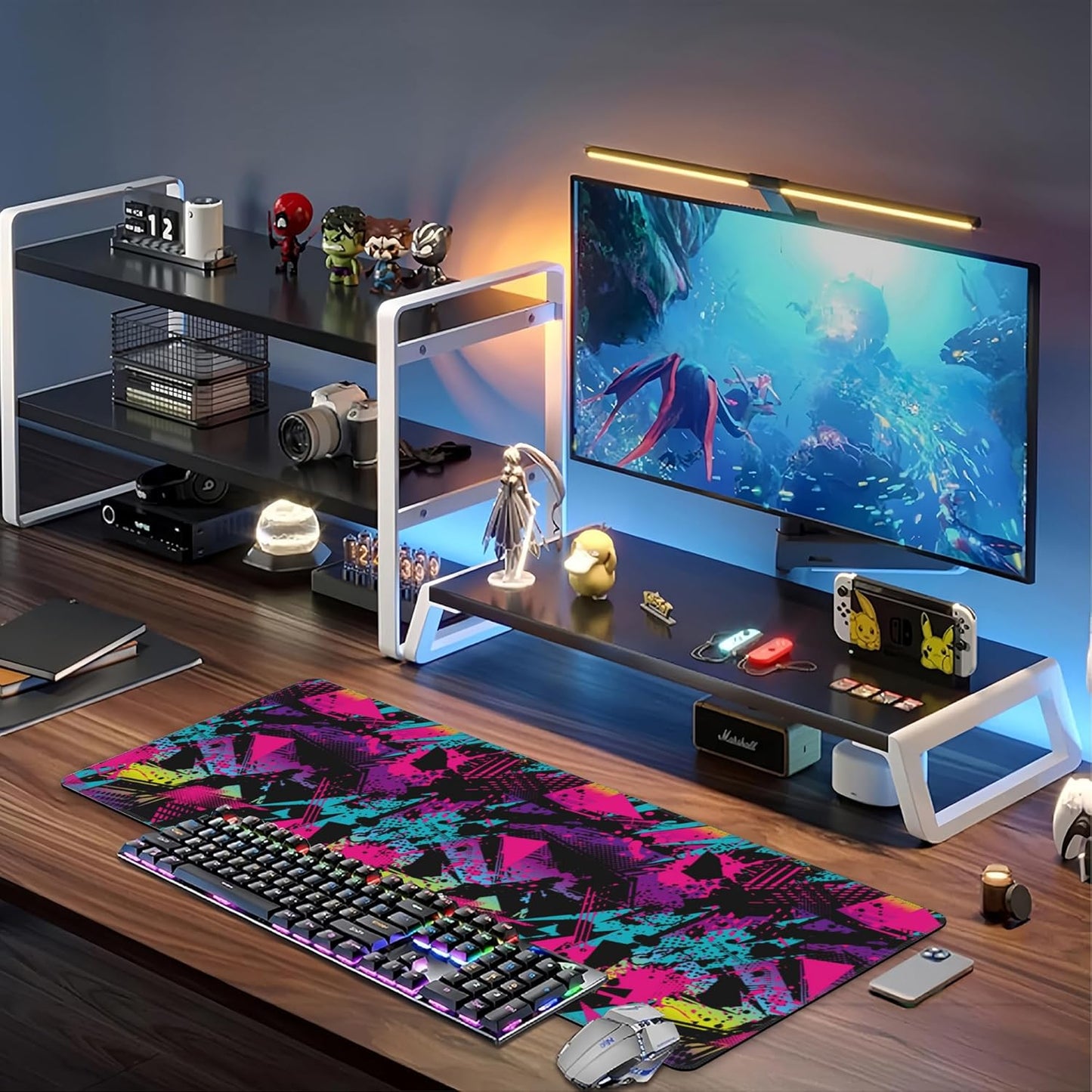 Abstract Grunge Elements Desk Mat,Large Neon Color Patterns Gaming Keyboard Mouse Pad,Non-Slip Rubber Base Desk Pad Thick Stitched Edges Waterproof Mousepad Mouse Mat 31.5"x11.8"