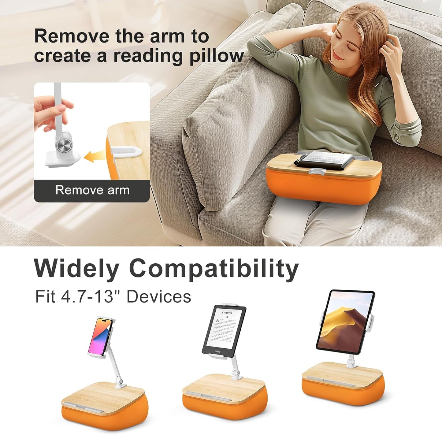 Lap Beanbag Cozy Kindle Pillow Stand for Bed with Adjustable Arm, 360° Tablet Holder, Fits 4.7"-13" Kindle, iPad, Phone, Lap Desk for Hands Free Reading in Bed, Couch, Sofa,Orange