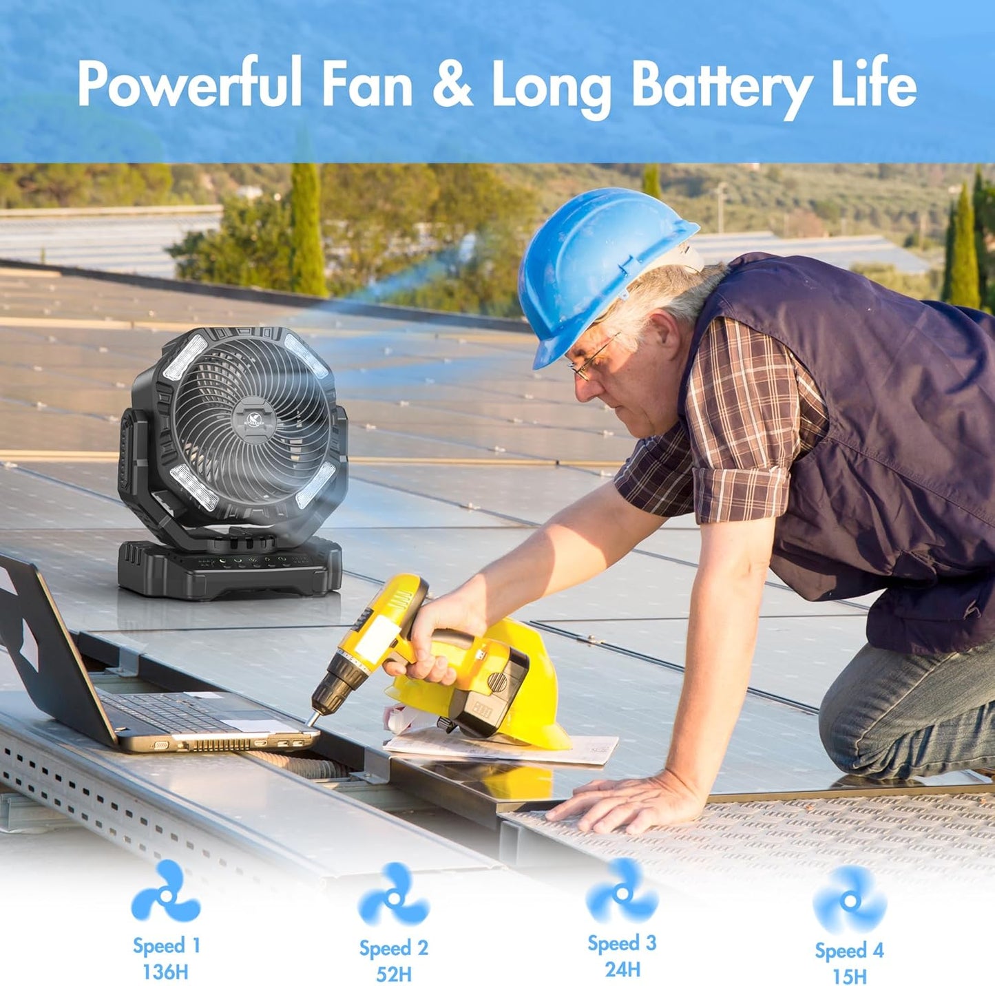 40000mAh Battery Powered Camping Fan - 136H Max Cooling, Rechargeable Battery Operated Oscillating Floor Fan with Charger, Remote & Hook, Portable for Tent Outdoor Patio Garage Hurricane Power Outage