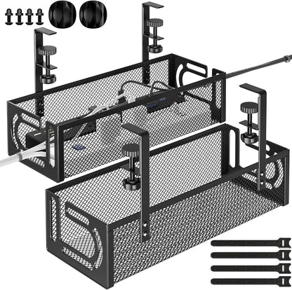 Under Desk Cable Management Tray, 15.7'' No Drill Steel Desk Cable Organizers, Wire Management Tray Cable Management Rack (2 Packs-Black)