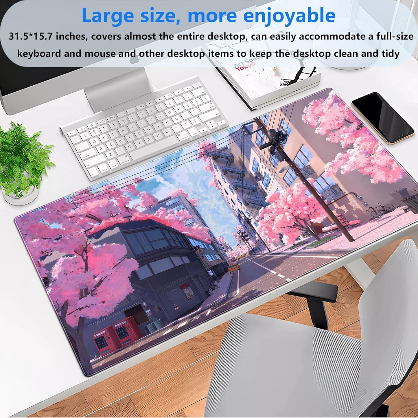 Japanese Cherry Blossom Mouse Pad, Pink Cute Desk Mat Extended XL Large Full Desk Gaming Mousepad 31.5''X15.7'' Computer Laptop Desk Pad Keyboard and Mouse Mat for Office Desktop Decoration