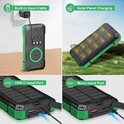 Solar Charger Power Bank 49800mAh Wireless Portable Phone Charger, 22.5W QC3.0 Fast Charging Built in 4 Cables with USB C 6 Outputs & 2 Inputs for Cell Phone