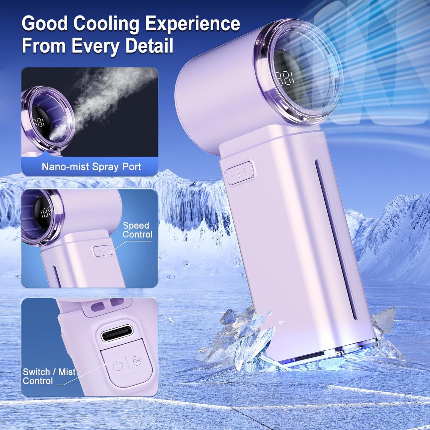 Portable Misting Fan - Mini Handheld Fan - 5000mAh Rechargeable Personal Mister Fans with Digital Display, 1-199 Speeds Adjustable, Birthday Gifts for Women Men Travel/Outdoor/Home/Office (Purple)