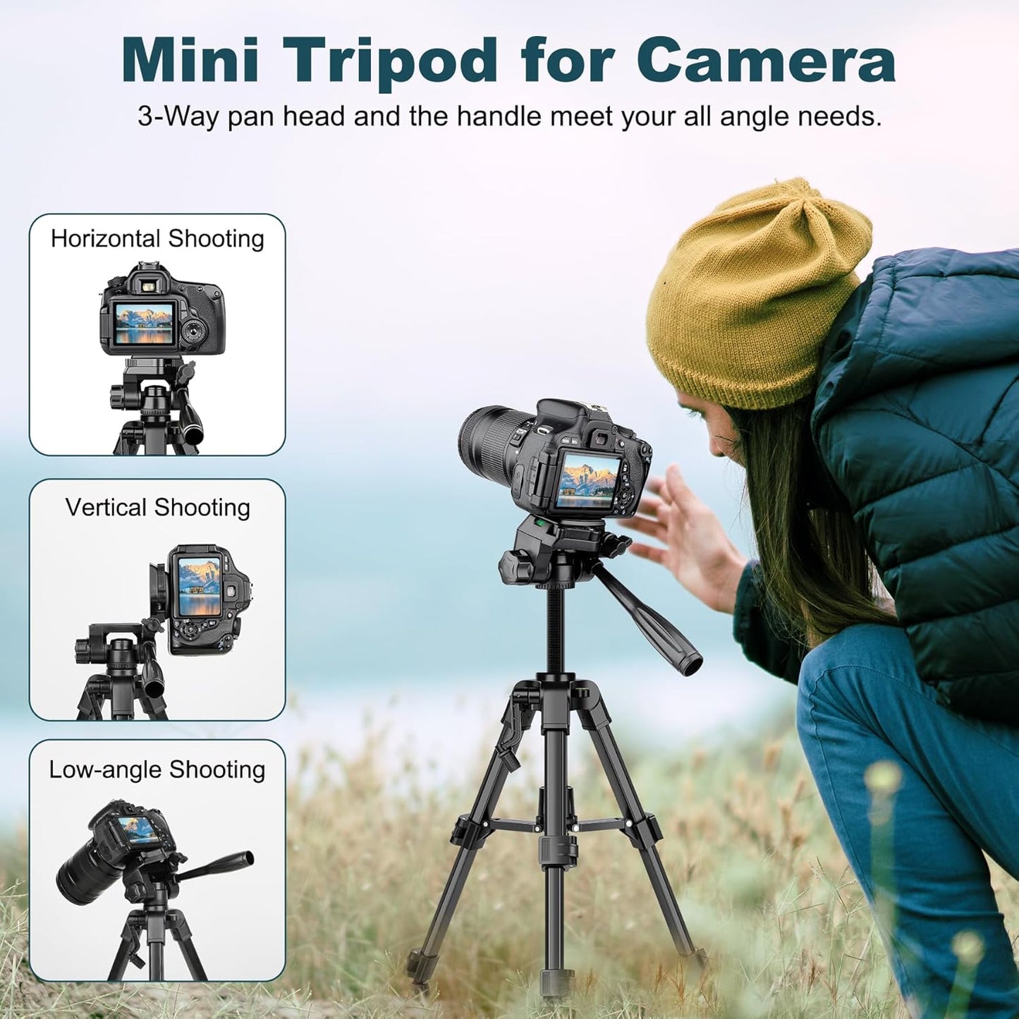 JOILCAN Mini Tripod for Camera, 25" Tabletop Camera Tripod, Portable Travel Tripod w/Phone & Tablet Holder, Lightweight Aluminum Tripods for DSLR Phone Spotting Scope