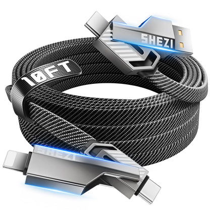 SHEZI [Upgraded 2.0] 4-in-1 Long USB C Cable 60W 10FT Fast Charging [480Mbps Data Transfer] Flat Braided Multi Charger Cord Wire Combo with L/USB C/A Port for iPhone/iPad & All Devices, Grey