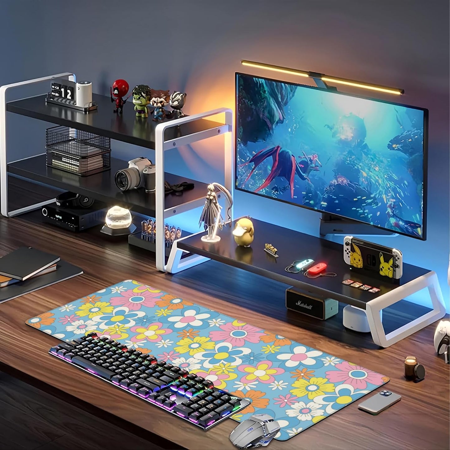 Colorful Retro Flowers Desk Mat,Large Cute Floral Gaming Keyboard Mouse Pad,Non-Slip Rubber Base Desk Pad Thick Stitched Edges Waterproof Mousepad Mouse Mat 31.5"x11.8"