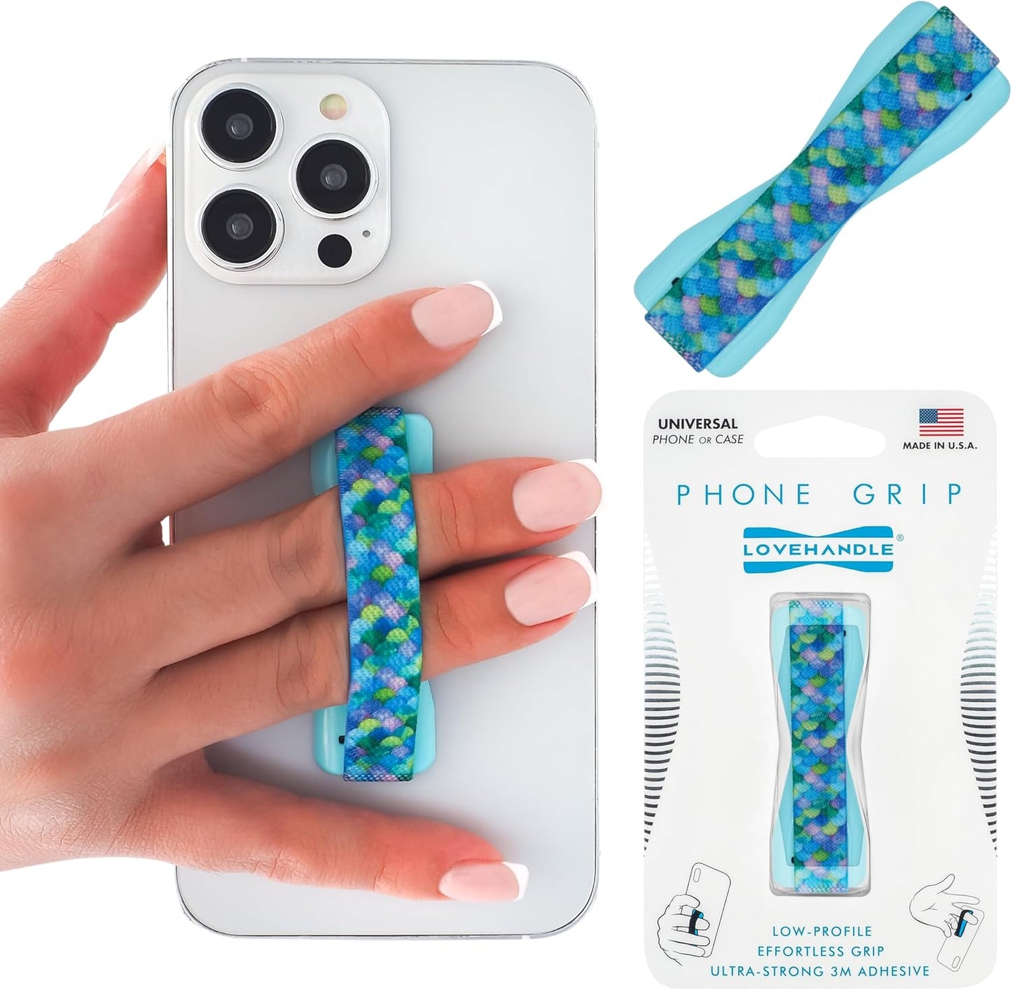 LOVEHANDLE Universal Phone Grip for Smartphones & Mini Tablets - Phone Holder for Hand - Wireless Charging Compatible - Made in The USA - Mermaid Scales