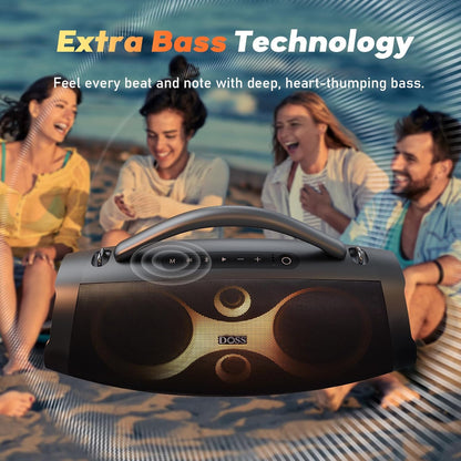 DOSS Extreme Boom Pro D200 240W Peak Outdoor Speaker, Punchy Bass, 26H Playtime, Beat-Synced Light, BT5.4, Stereo Pairing, IPX6 Waterproof for Camping, Beach, Tailgate Party-Black