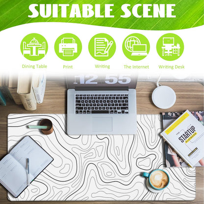 Desk Mat,White Topographic Contour Map Desk Pad,Topographic Contour Large Gaming Mouse Pad for Desk,Extended Big Computer Keyboard Mouse Pad with Non-Slip Base and Stitched Edge,35.4"x15.7"