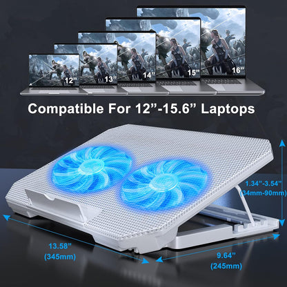 LIENS Laptop Cooling Pad with Adjustable Height Two 5.1 Inches Fan 2 USB Ports Suitable for 12"-15.6" Laptops（White）