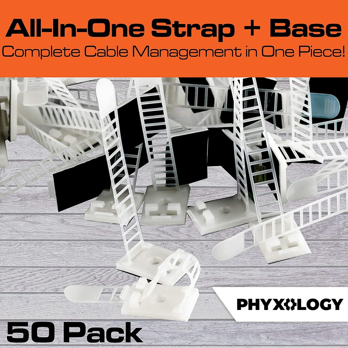 Pro-Grade, Adhesive-Backed Cable Straps 50 Pack. High-Strength, White Clamps for Electrical Wire Management and Organization. Tool-Free Installation for Home Or Office. Screw-Mount for Permanent Hold