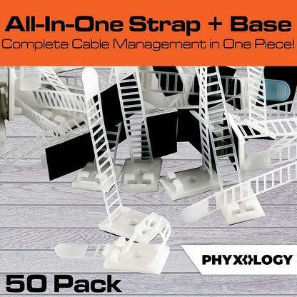 Pro-Grade, Adhesive-Backed Cable Straps 50 Pack. High-Strength, White Clamps for Electrical Wire Management and Organization. Tool-Free Installation for Home Or Office. Screw-Mount for Permanent Hold