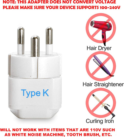 Ceptics Denmark Travel Plug Adapter (Type K) - 3 Pack (Does Not Convert Voltage) (GP-20-3PK) [Grounded & Universal]
