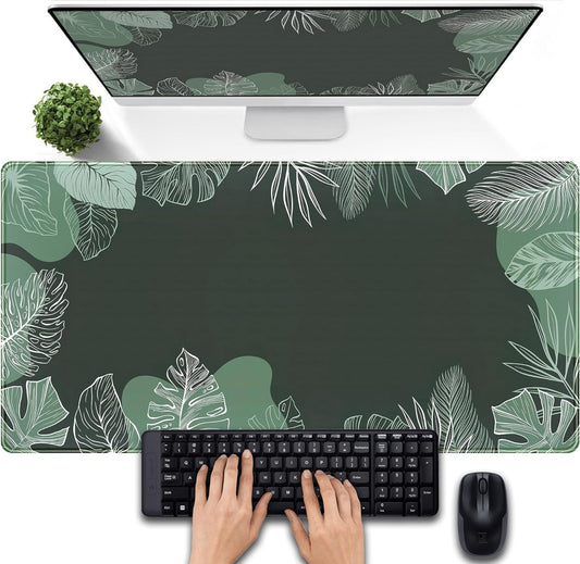 Green Plants Desk Mat Tropical Leaves Mouse Pad Cute, Large Extendded Gaming Deskmat, XXL Laptop Keyboard Mouse Mat Desktop Matt Women Office Desk Accessories Mousepad Desk Cover Mat, 31.5"x15.75"